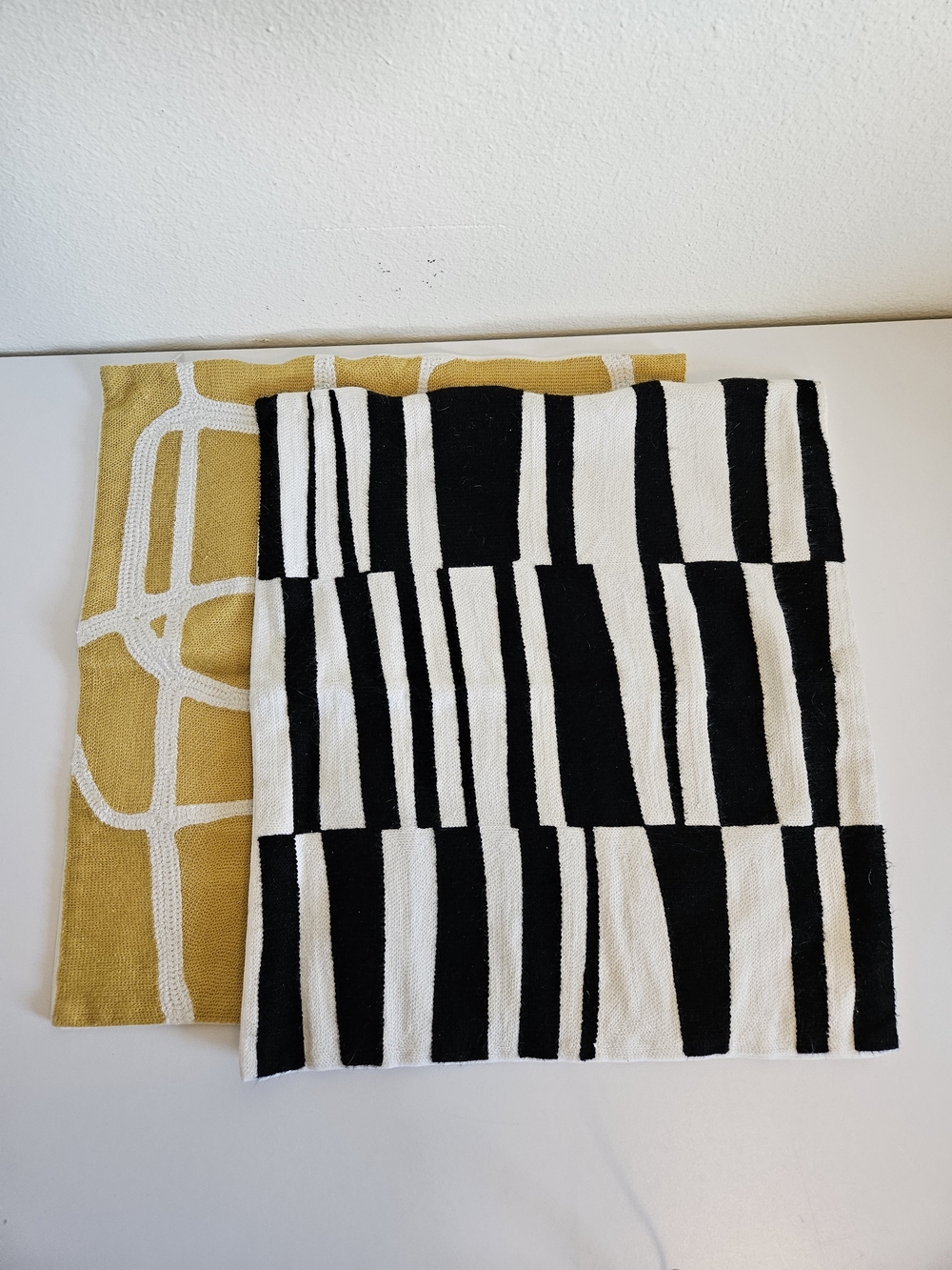 Black & White Geometric Throw Pillow Covers Set with Mustard Accent